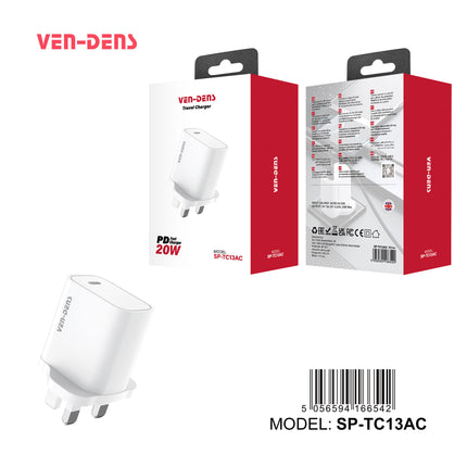 Ven Dens 20W PD Fast Charger USB-C Wall Adapter - Super Fast Charging Type C Travel Charger Plug SP-TC13AC, White for iPhone, Samsung, Google Pixel & More