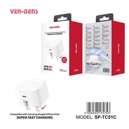 Ven Dens 60W USB-C Super Fast Charger Plug with Foldable UK Pin - PD PPS Fast Charging Wall Adapter SP-TC51C for Samsung, Google, iPhone & iPad