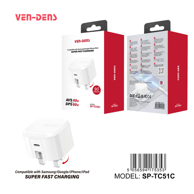 Ven Dens 60W USB-C Super Fast Charger Plug with Foldable UK Pin - PD PPS Fast Charging Wall Adapter SP-TC51C for Samsung, Google, iPhone & iPad
