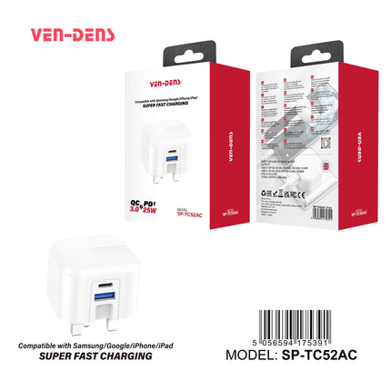Ven Dens 25W Dual Port Fast Charger Plug - USB-C PD & USB-A QC 3.0 Super Fast Charging Wall Adapter SP-TC52AC for Samsung, Google, iPhone & iPad
