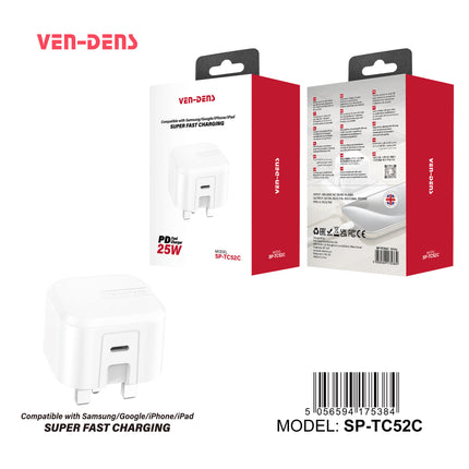 Ven Dens 25W USB-C PD Fast Charger Plug - Super Fast Charging Wall Adapter SP-TC52C for Samsung, Google, iPhone & iPad