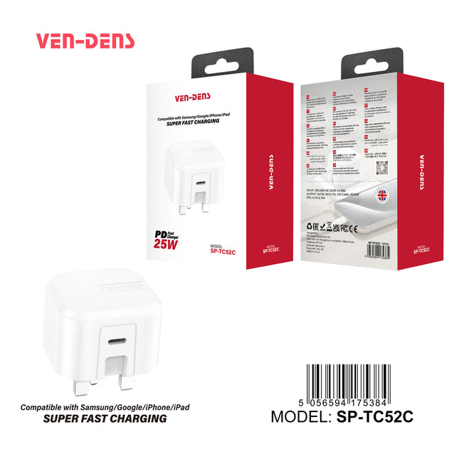 Ven Dens 25W USB-C PD Fast Charger Plug - Super Fast Charging Wall Adapter SP-TC52C for Samsung, Google, iPhone & iPad