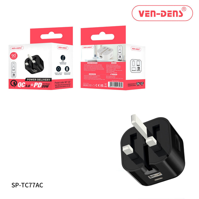 Ven Dens USB Type-C+PD 20w Fast Charger Folding Plug SP-TC77AC Black