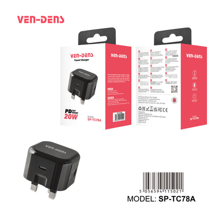 Ven Dens PD 20w Fast Charger Wall Plug Black