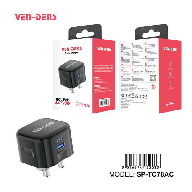 Ven Dens Dual Port QC 3.0 + PD 20w Fast Charger Wall Plug Black