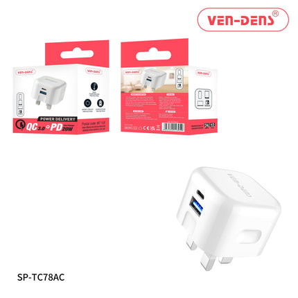 Ven Dens Dual Port QC 3.0 + PD 20w Fast Charger Wall Plug