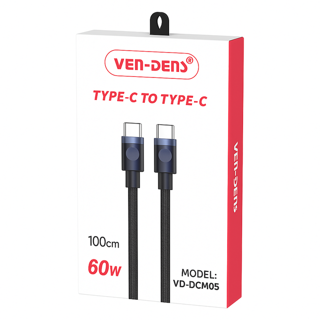 VEN-DENS Type-C to Type-C cable packaging with specifications on a white background - eSunrise Wholesale