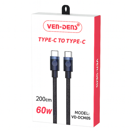 Ven-Dens Type-C to Type-C 2 metre cable packaging with specifications on a white background - eSunrise Trade