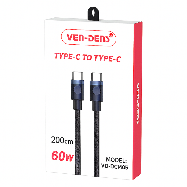 Ven-Dens Type-C to Type-C 2 metre cable packaging with specifications on a white background - eSunrise Trade
