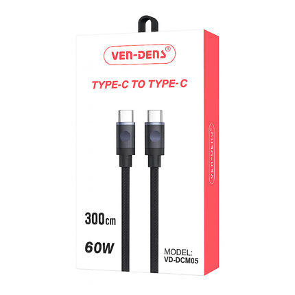 VEN-DENS Type-C to Type-C 3 metre cable with packaging on a white background - eSunrise Wholesale