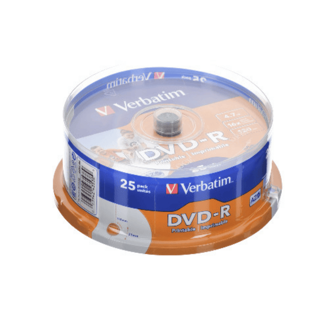 Verbatim DVD-R 16× 4.7GB - White Inkjet Printable, 120 min, 25-Pack