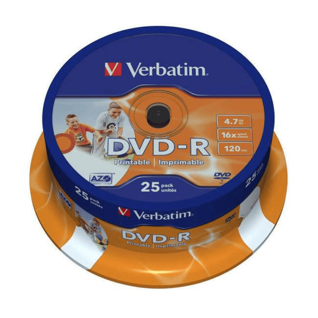 Verbatim DVD-R 16× 4.7GB - White Inkjet Printable, 120 min, 25-Pack