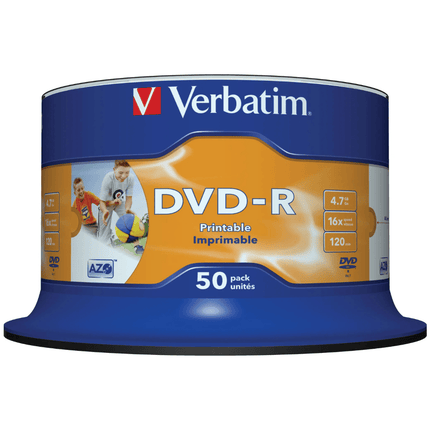 Verbatim DVD-R 16× 4.7GB - White Inkjet Printable, 120 min, 50-Pack