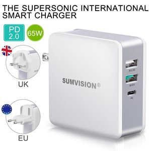 Sumvision 65W 3-Port USB-C PD & QC 3.0 Charger - Universal Laptop & Phone Fast Charger (UK/EU/US Plugs)