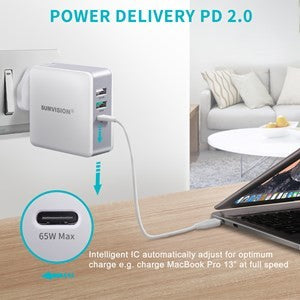 Sumvision 65W 3-Port USB-C PD & QC 3.0 Charger - Universal Laptop & Phone Fast Charger (UK/EU/US Plugs)