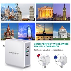 Sumvision 65W 3-Port USB-C PD & QC 3.0 Charger - Universal Laptop & Phone Fast Charger (UK/EU/US Plugs)