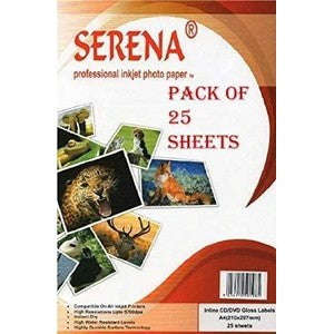 Serena Inline A4 Gloss CD/DVD Labels - Inkjet Printable, 25 Sheets